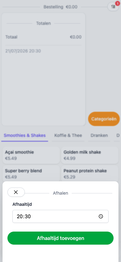 Een ophaaltijd instellen op de kassa